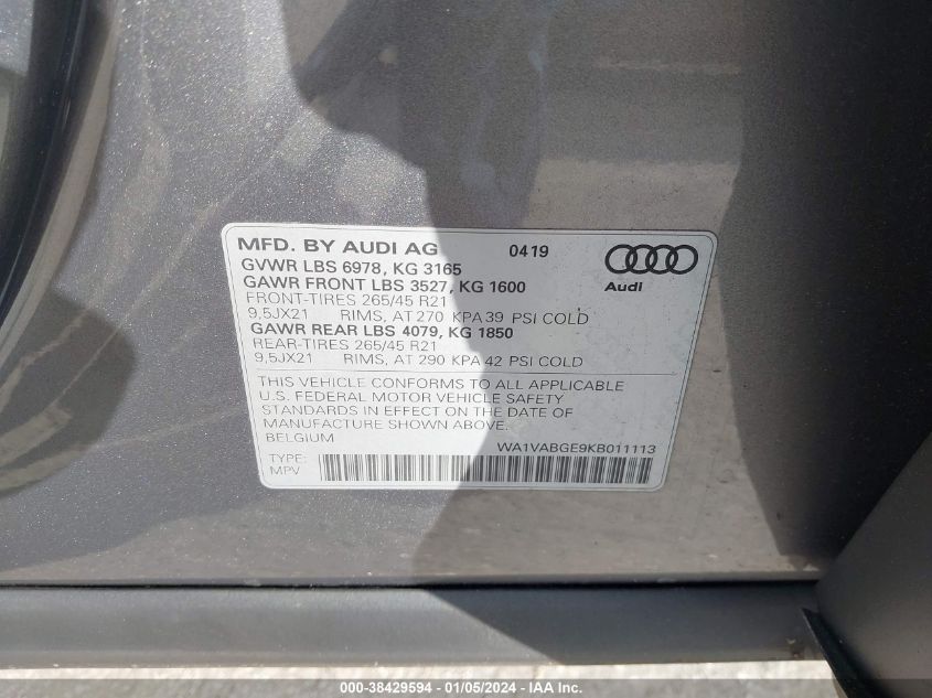 WA1VABGE9KB011113 2019 Audi E-Tron Premium Plus