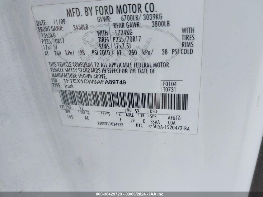 1FTEX1CW9AFA89749 2010 Ford F-150 Stx/Xl