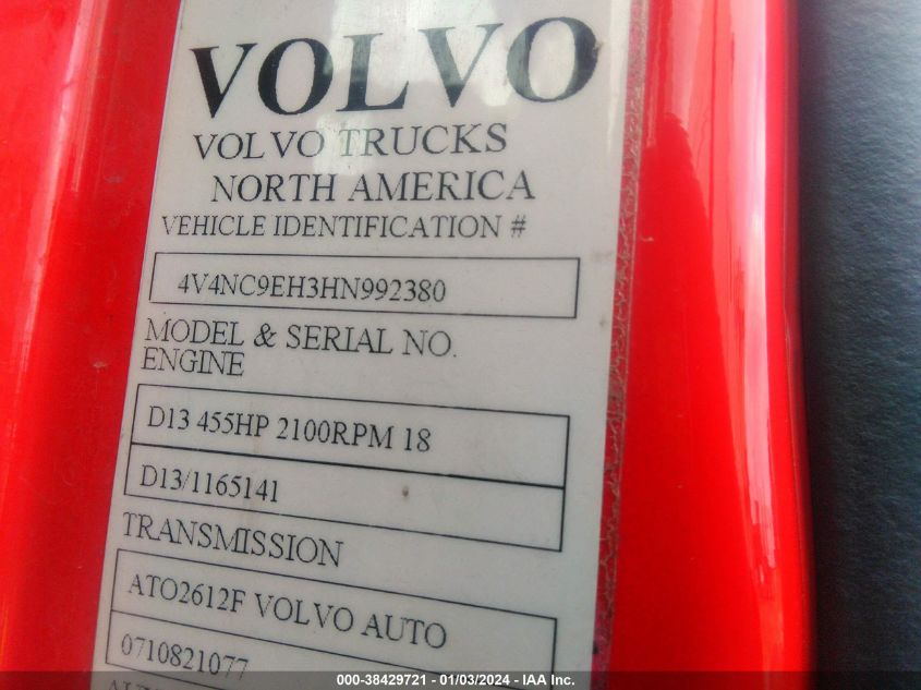 2017 Volvo Vnl VIN: 4V4NC9EH3HN992380 Lot: 38429721