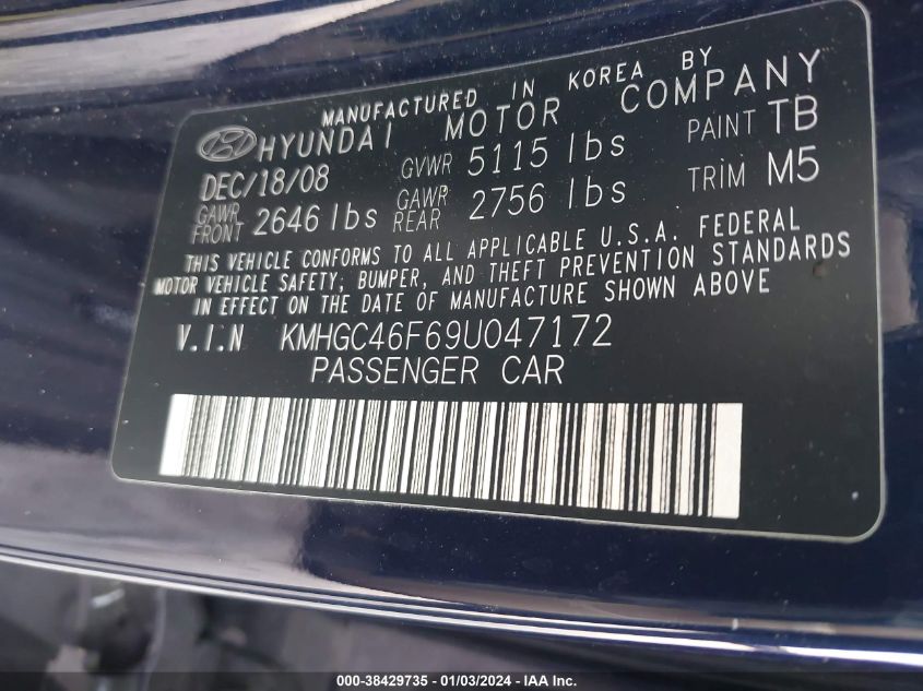 KMHGC46F69U047172 2009 Hyundai Genesis 4.6