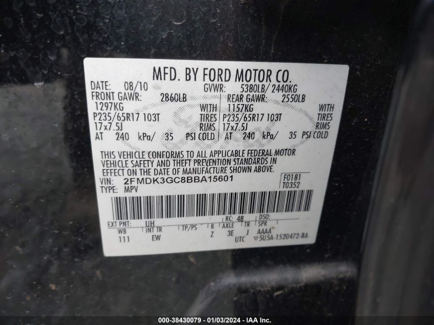 2011 Ford Edge Se VIN: 2FMDK3GC8BBA15601 Lot: 40780376