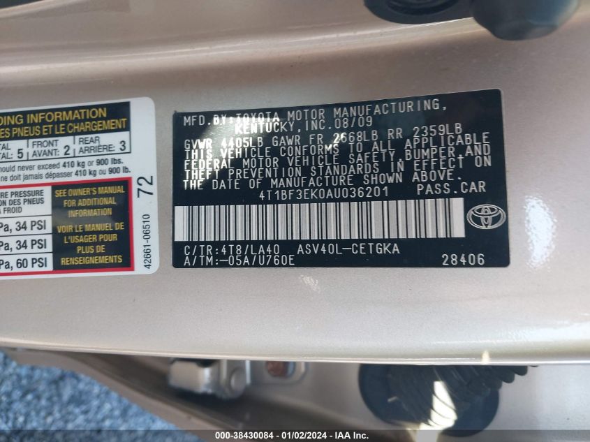 4T1BF3EK0AU036201 2010 Toyota Camry Xle