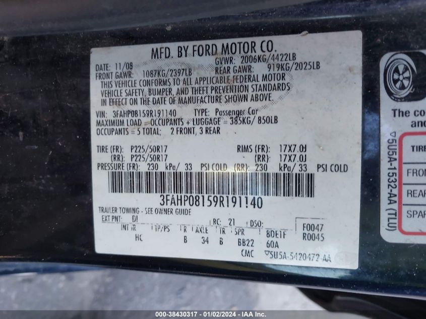 3FAHP08159R191140 2009 Ford Fusion Sel