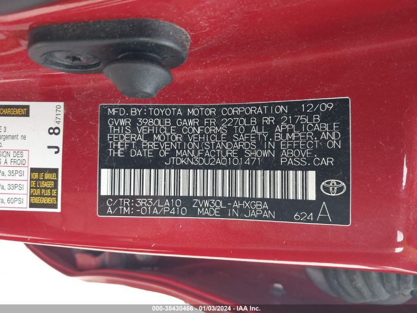 2010 Toyota Prius Iv VIN: JTDKN3DU2A0101471 Lot: 38430466