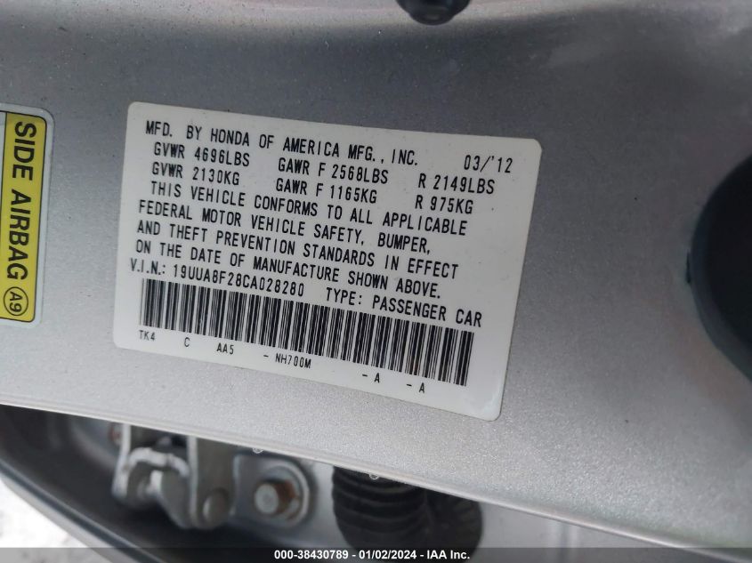 19UUA8F28CA028280 2012 Acura Tl Auto