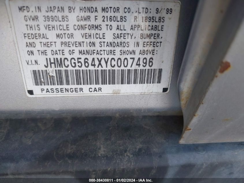 JHMCG564XYC007496 2000 Honda Accord 2.3 Lx