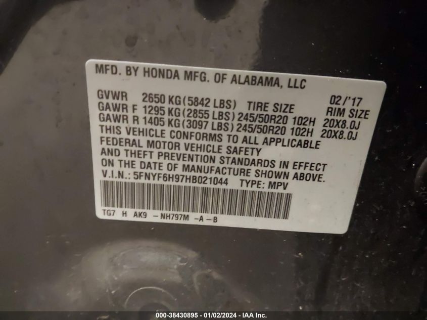 5FNYF6H97HB021044 2017 Honda Pilot Touring