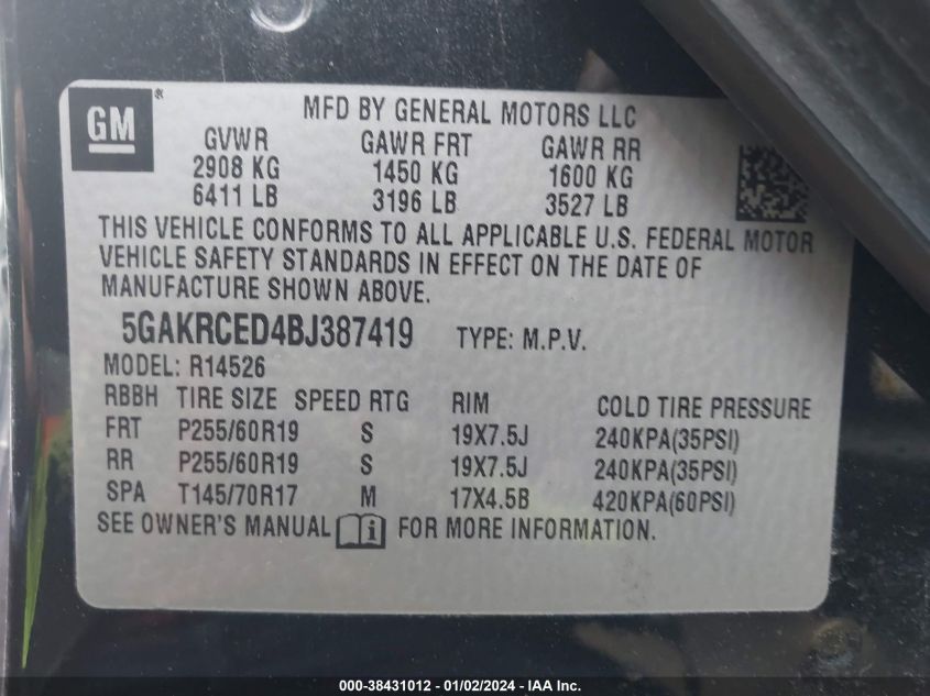 5GAKRCED4BJ387419 2011 Buick Enclave 2Xl