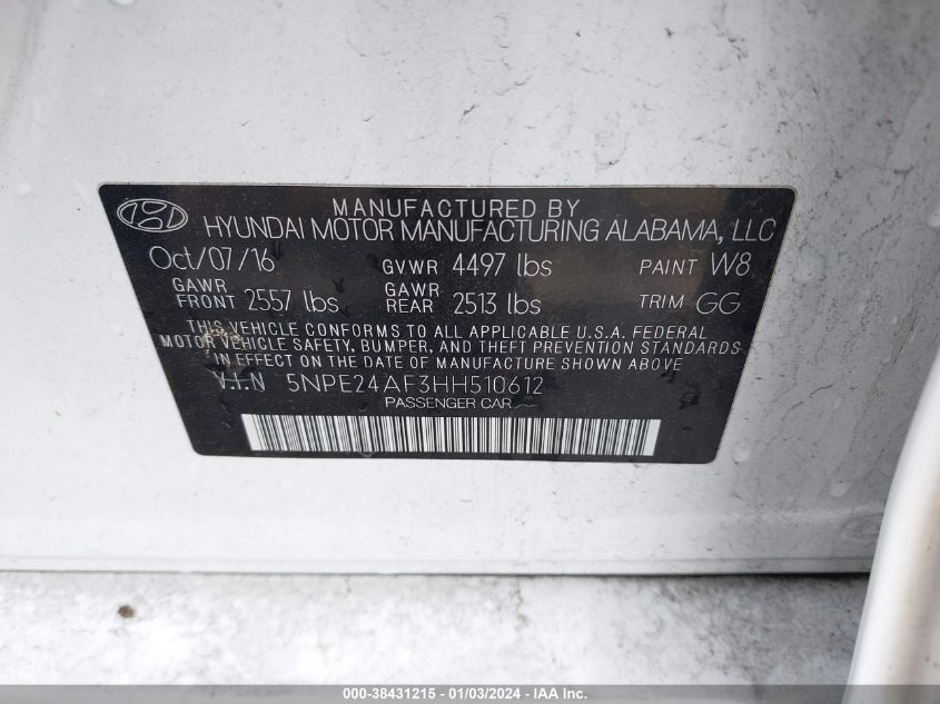 5NPE24AF3HH510612 2017 Hyundai Sonata Se