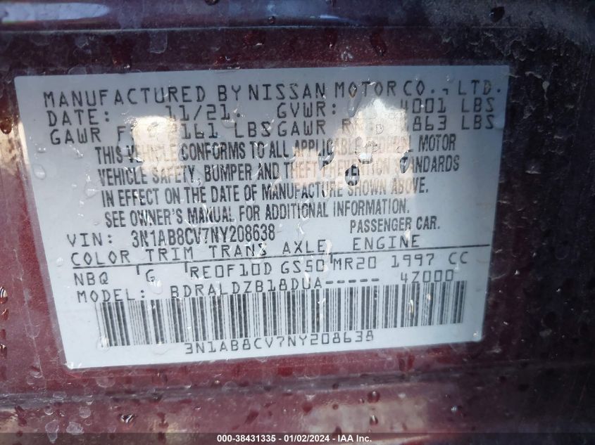 3N1AB8CV7NY208638 2022 Nissan Sentra Sv Xtronic Cvt