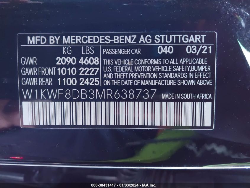 W1KWF8DB3MR638737 2021 Mercedes-Benz C 300 Sedan