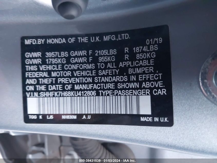 SHHFK7H68KU412806 2019 Honda Civic Ex