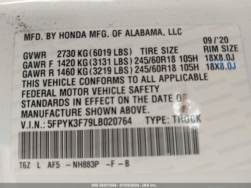 5FPYK3F79LB020764 2020 Honda Ridgeline Rtl-E