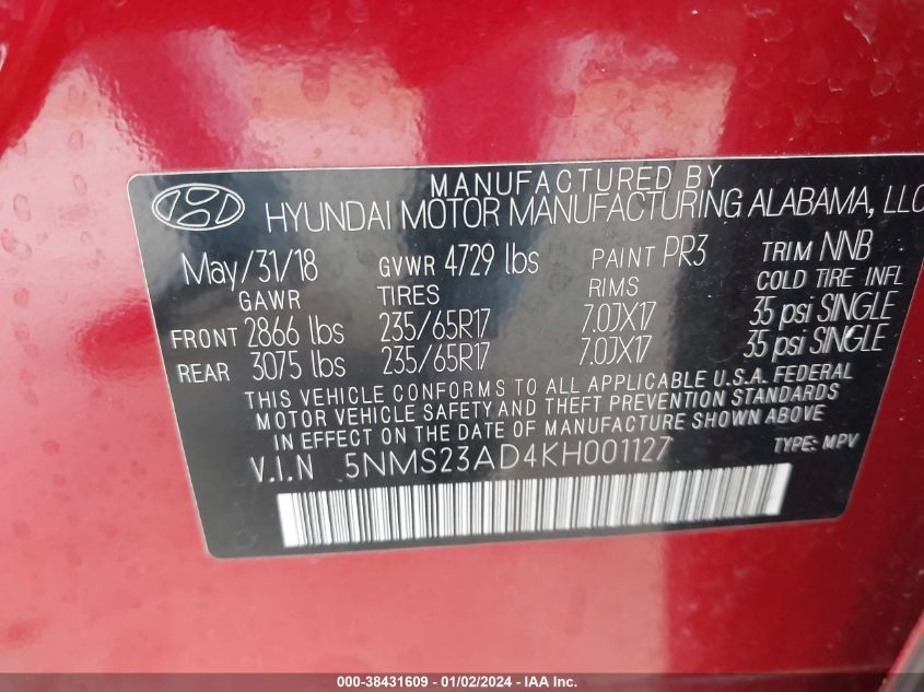 5NMS23AD4KH001127 2019 Hyundai Santa Fe Se