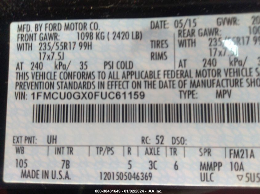 1FMCU0GX0FUC61159 2015 Ford Escape Se