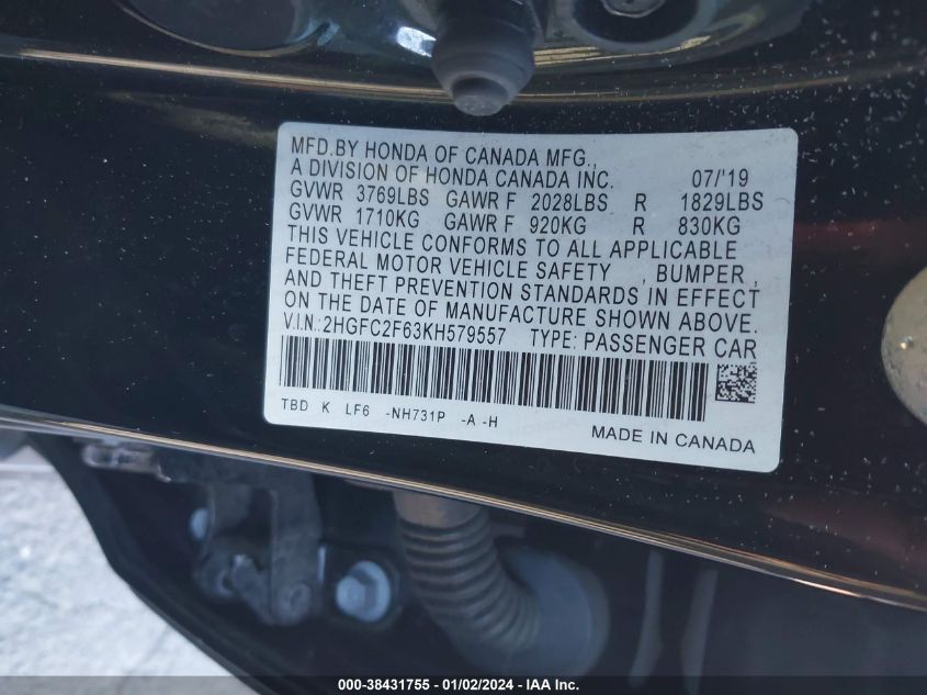 2HGFC2F63KH579557 2019 Honda Civic Lx