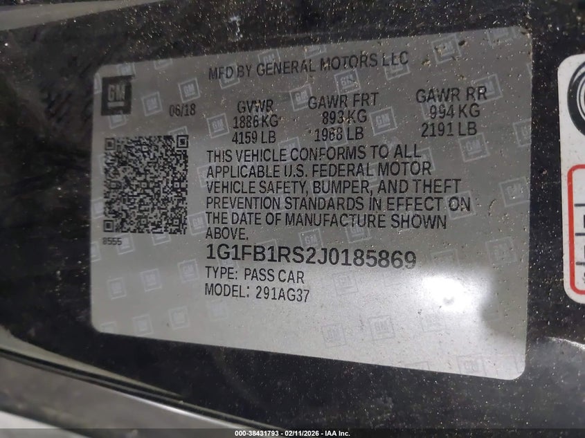 2018 Chevrolet Camaro 1Lt VIN: 1G1FB1RS2J0185869 Lot: 38431793