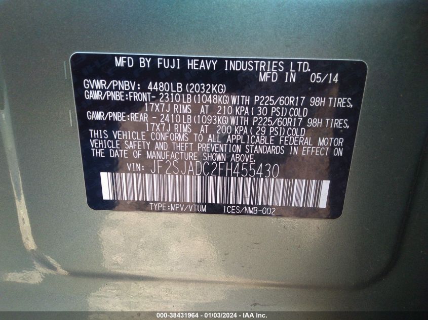 JF2SJADC2FH455430 2015 Subaru Forester 2.5I Premium