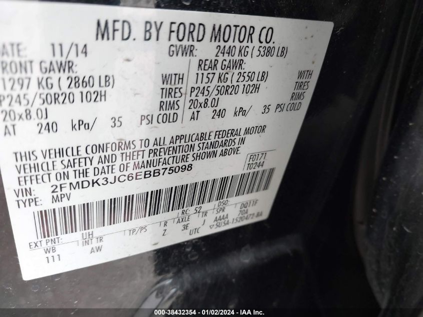 2FMDK3JC6EBB75098 2014 Ford Edge Sel