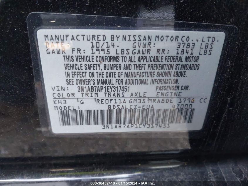 2014 Nissan Sentra S VIN: 3N1AB7AP1EY317451 Lot: 38432419