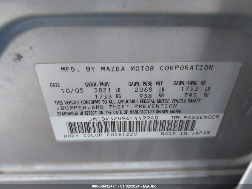 JM1BK32G961449940 2006 Mazda Mazda3 I