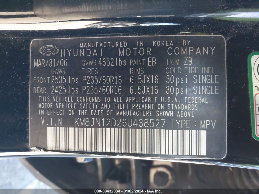 KM8JN12D26U438527 2006 Hyundai Tucson Gls/Limited