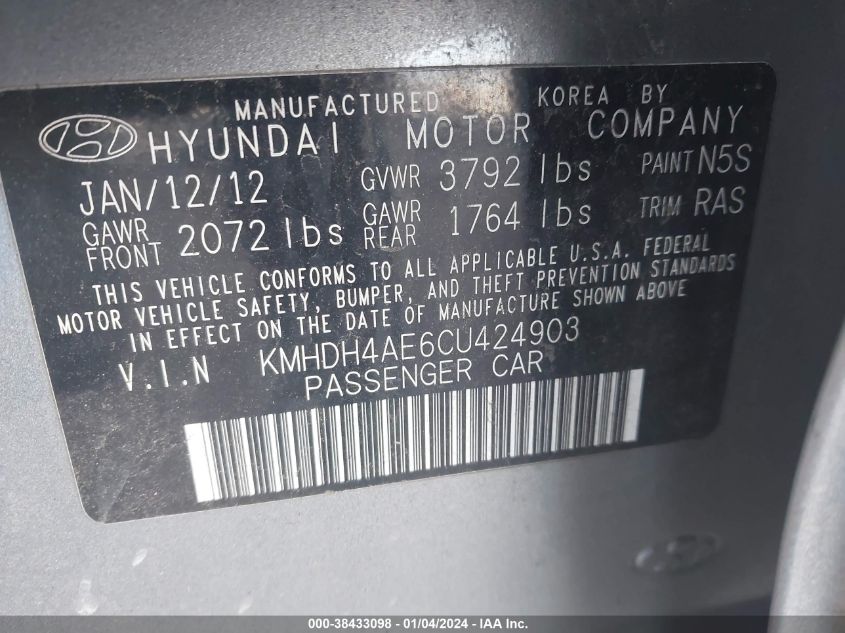 2012 Hyundai Elantra Gls (Ulsan Plant) VIN: KMHDH4AE6CU424903 Lot: 38433098