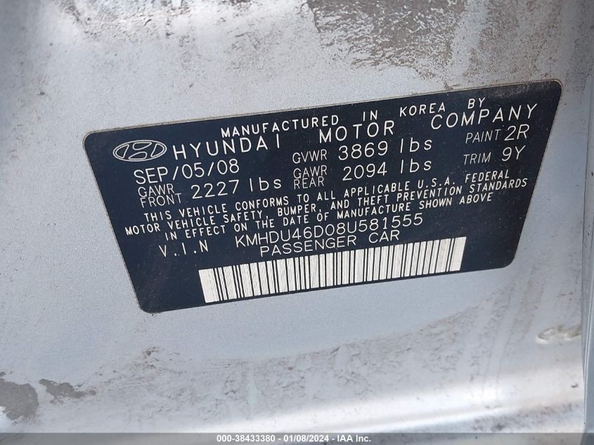 KMHDU46D08U581555 2008 Hyundai Elantra Gls/Se