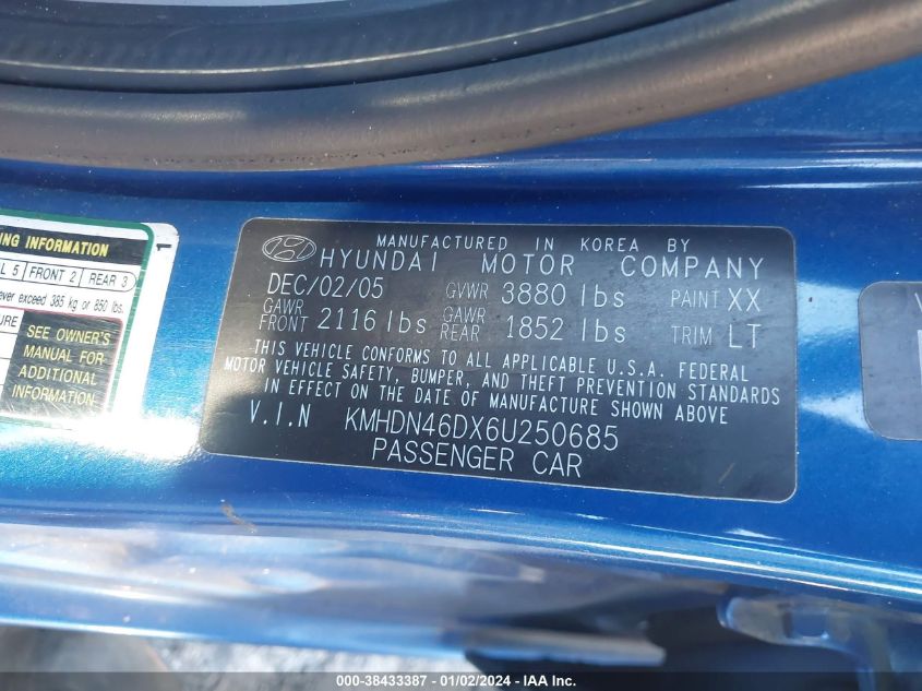 KMHDN46DX6U250685 2006 Hyundai Elantra Gls/Limited