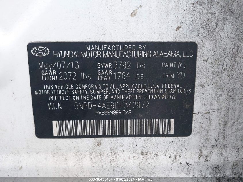 5NPDH4AE9DH342972 2013 Hyundai Elantra Gls