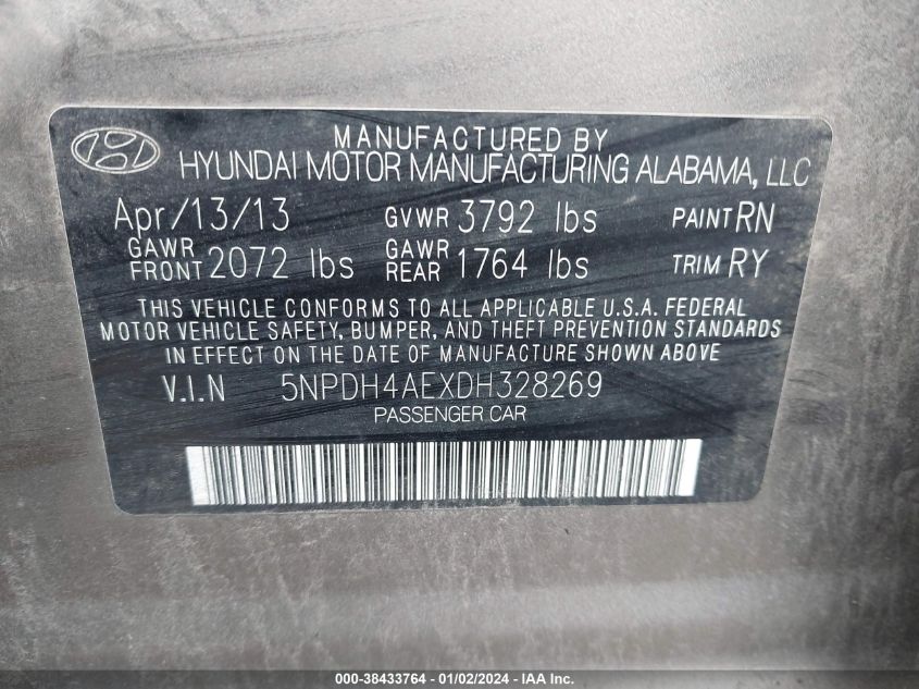 5NPDH4AEXDH328269 2013 Hyundai Elantra Limited