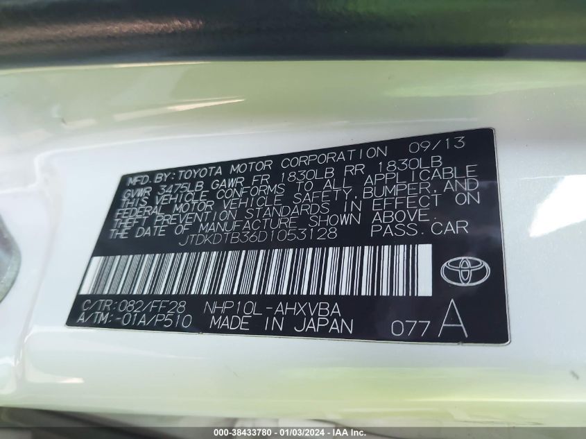 JTDKDTB36D1053128 2013 Toyota Prius C Two