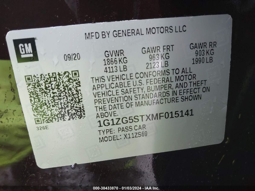 1G1ZG5STXMF015141 2021 Chevrolet Malibu Fwd Rs