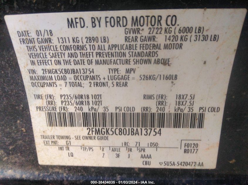 2FMGK5C80JBA13754 2018 Ford Flex Sel