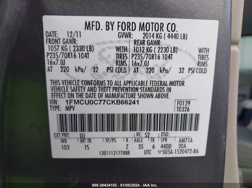 1FMCU0C77CKB66241 2012 Ford Escape Xls