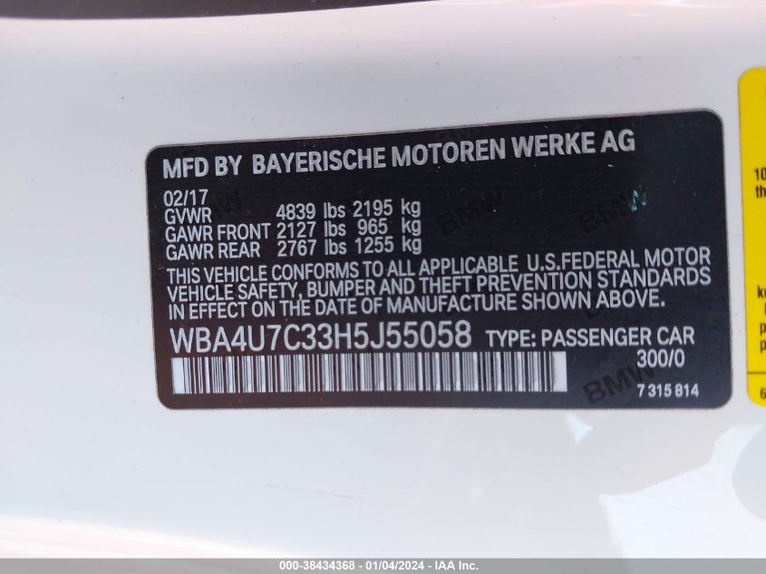 WBA4U7C33H5J55058 2017 BMW 430I