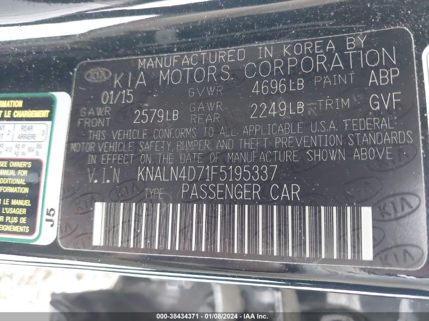 KNALN4D71F5195337 2015 Kia Cadenza Premium