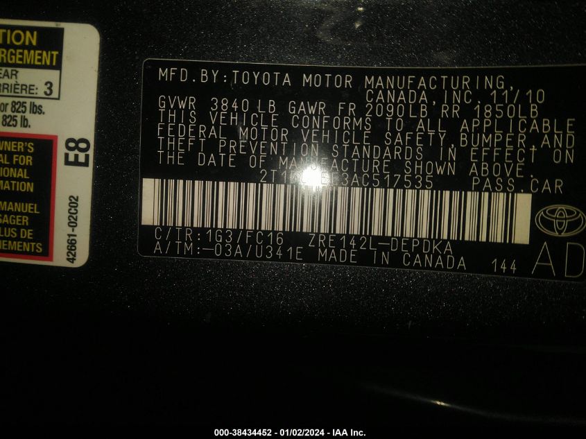 2T1BU4EE3AC517535 2010 Toyota Corolla Le