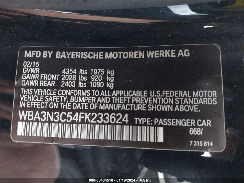 2015 BMW 428I VIN: WBA3N3C54FK233624 Lot: 38434510