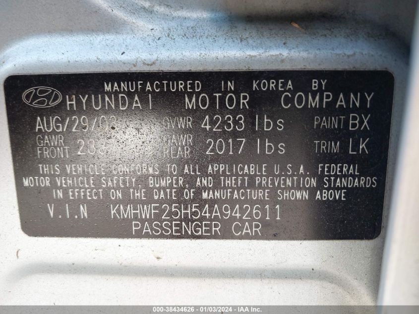 KMHWF25H54A942611 2004 Hyundai Sonata