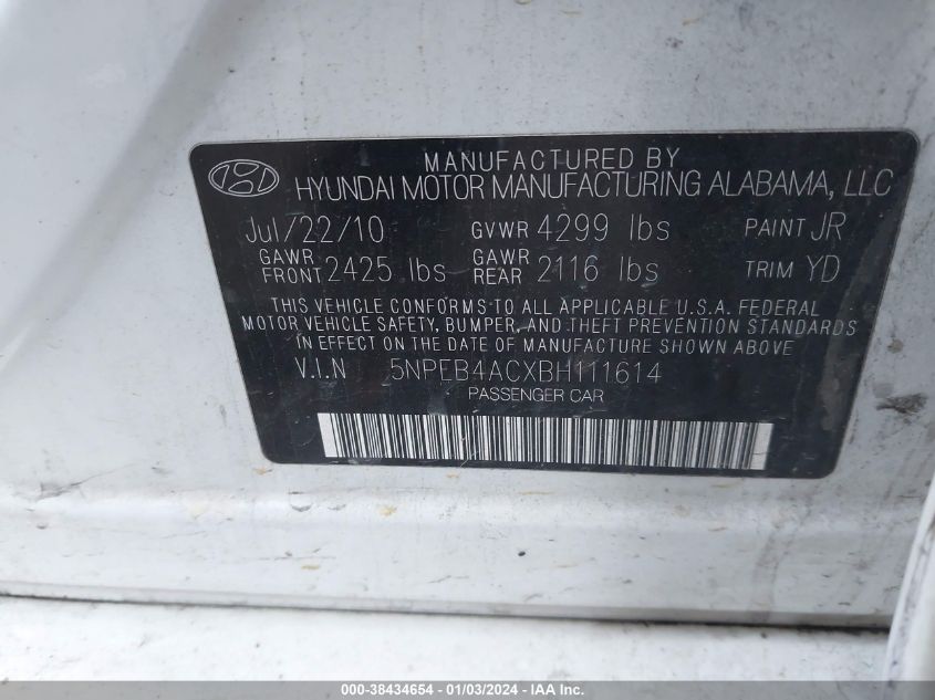 5NPEB4ACXBH111614 2011 Hyundai Sonata Gls