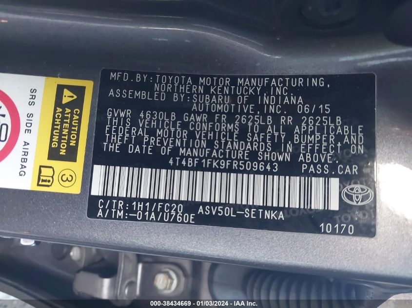 4T4BF1FK9FR509643 2015 Toyota Camry Le