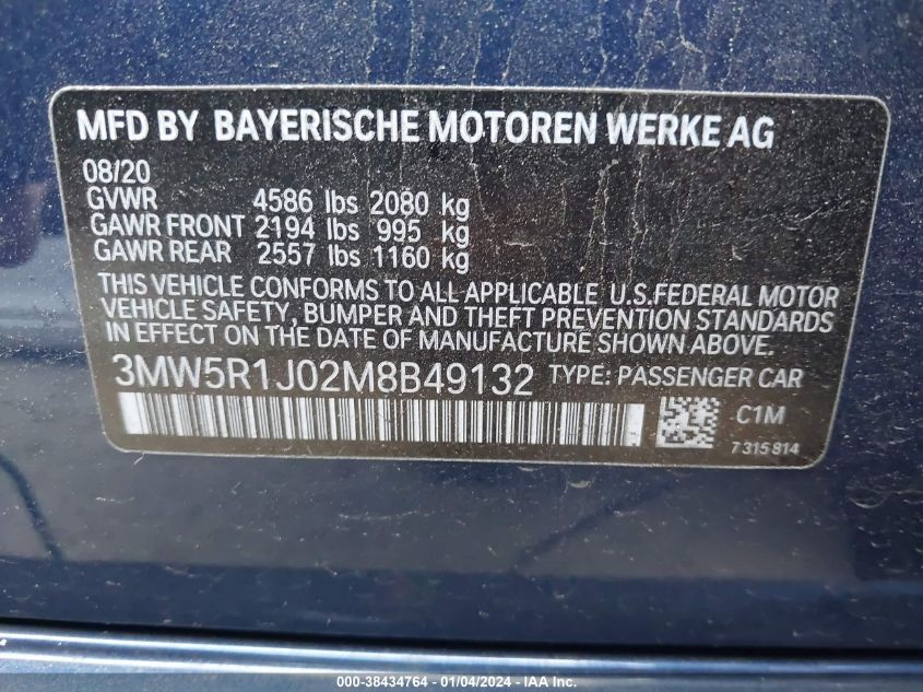 3MW5R1J02M8B49132 2021 BMW 330I