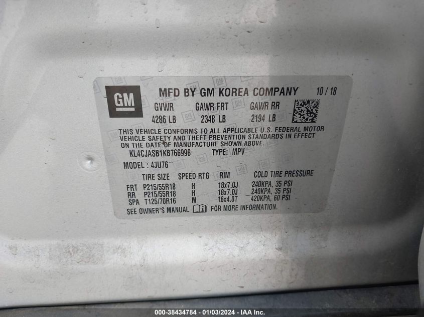 KL4CJASB1KB766996 2019 Buick Encore Fwd Preferred