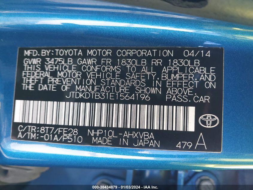 JTDKDTB31E1564196 2014 Toyota Prius C One