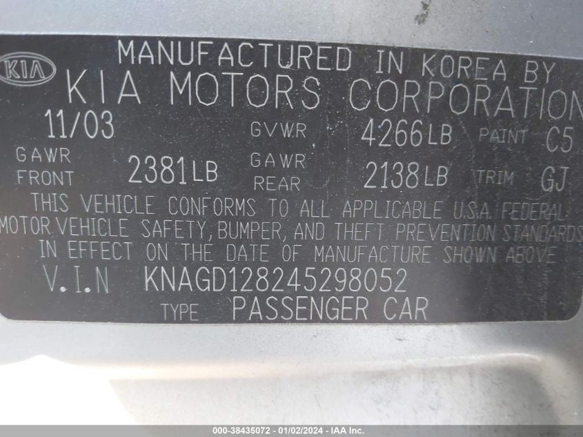 KNAGD128245298052 2004 Kia Optima Ex V6/Lx V6