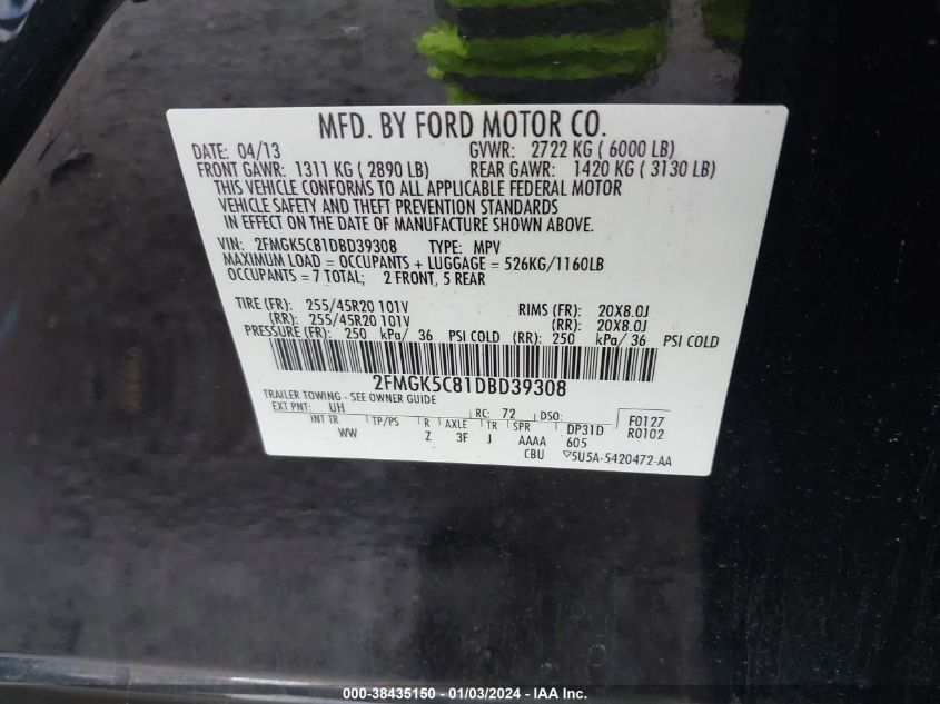 2FMGK5C81DBD39308 2013 Ford Flex Sel