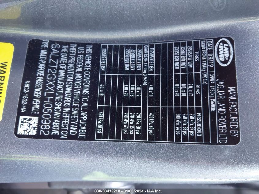 2020 Land Rover Range Rover Evoque R-Dynamic S VIN: SALZT2GXXLH050982 Lot: 38435218