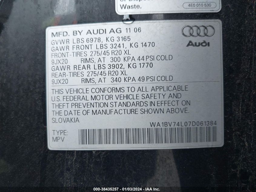 WA1BV74L07D061384 2007 Audi Q7 4.2 Premium