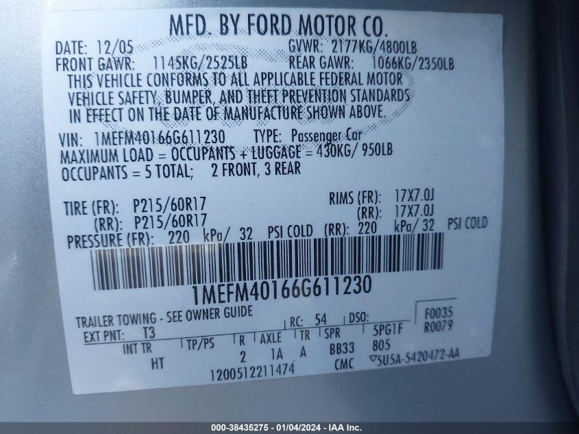 1MEFM40166G611230 2006 Mercury Montego Luxury